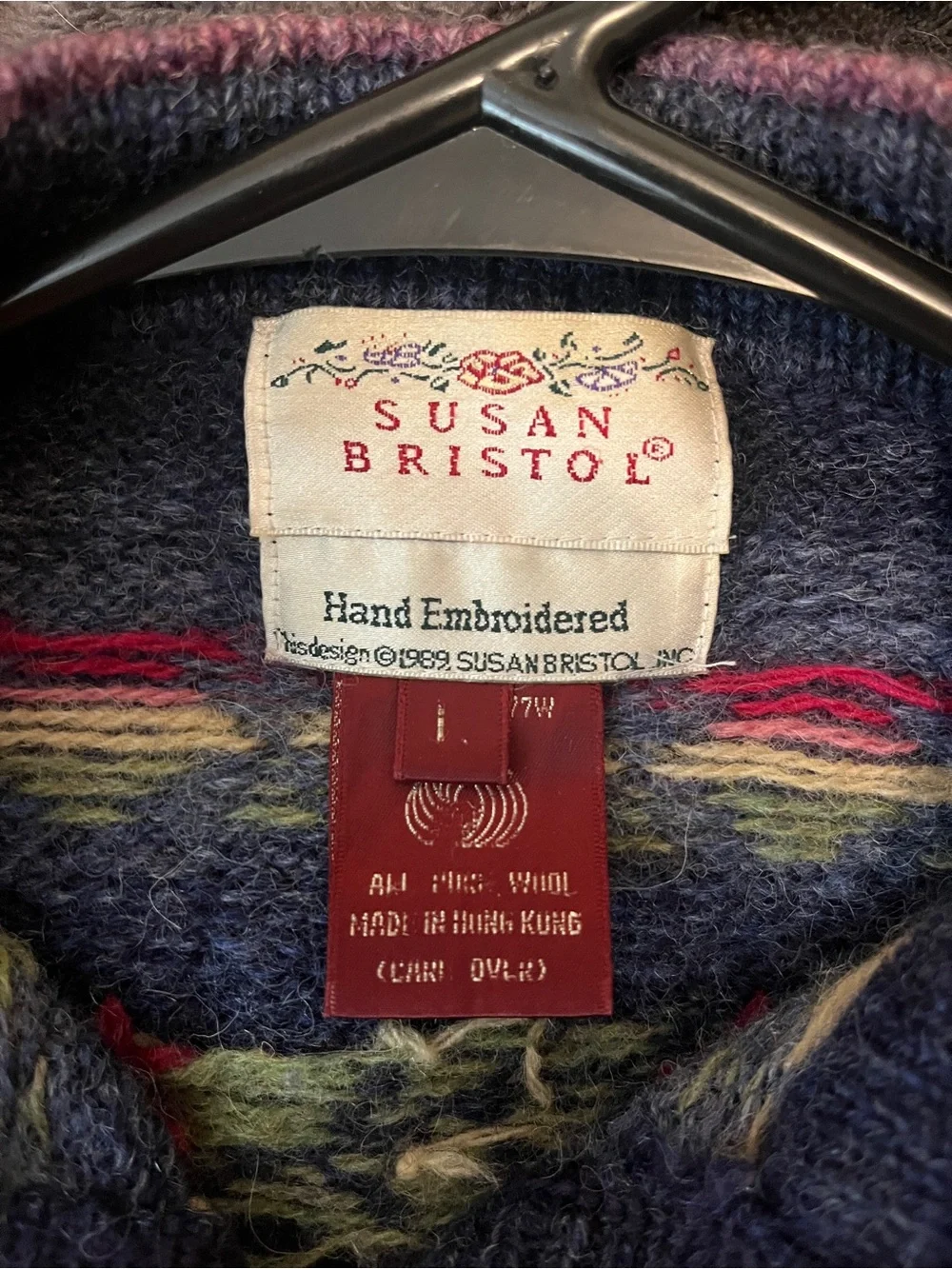 Susan Bristol Navy Wool Hand-Embroidered Cardigan with Pink and Red Accents - Picture 4 of 5
